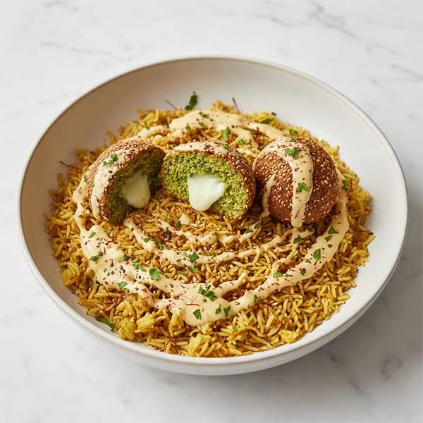 Golden Stuffed Falafel With Citrus-Sumac Tahini And Toasted Vermicelli - Saffron Rice